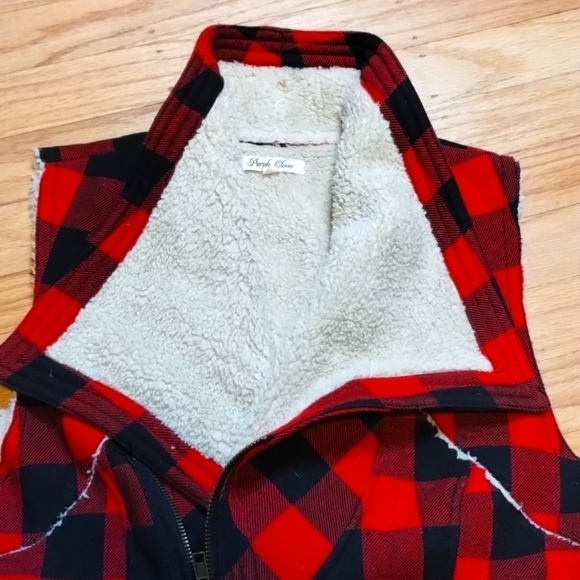 CPurple Clover Sherpa sleeveless plaid zip-up jacket Sz L - Picture 2 of 10